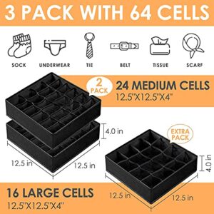 6 Pack Sock Underwear Drawer Organizer Dividers, 64 Cell Fabric Foldable Cabinet Closet Organizers and Storage Boxes for Storing Socks, Underwear, Ties (16+24+24 Cell, Beige+Black)