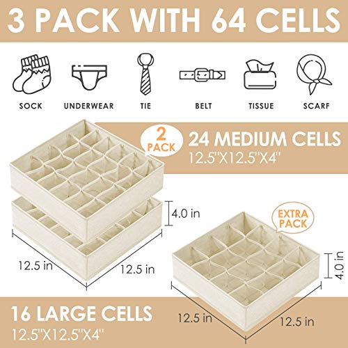 6 Pack Sock Underwear Drawer Organizer Dividers, 64 Cell Fabric Foldable Cabinet Closet Organizers and Storage Boxes for Storing Socks, Underwear, Ties (16+24+24 Cell, Beige+Black)