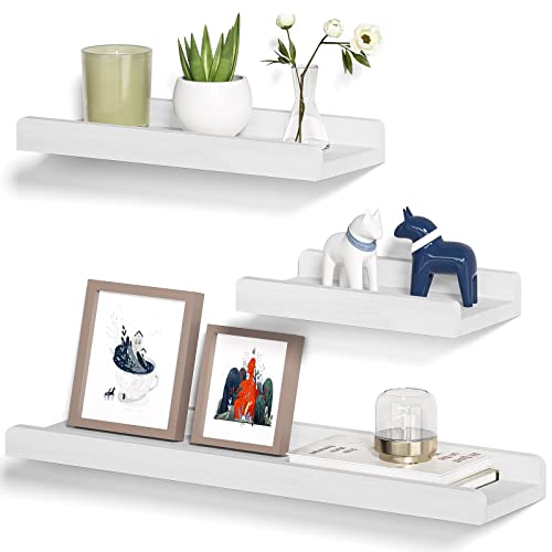 Alsonerbay White Floating Shelves Wall Mounted Set of 3, 23.6 Inch Rustic Wood Wall Shelves for Storage and Display for Bedroom Living Room Bathroom Kitchen Office and More