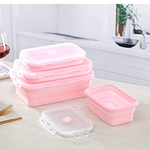 4-piece Collapsible Silicone Lunch Box, Portable Food Storage Container Outdoor Picnic Box Space Saving, Microwave, Dishwasher and Freezer Safe 350/500/800/1200mL350/500/800/1200mL(Pink)