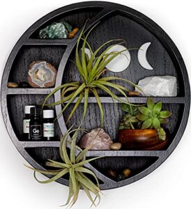 onyx haus crescent moon shelf for crystals stone, essential oil, small plant and art - wall, room, and gothic witchy decor - moon phase rustic boho shelfs - wooden hanging floating shelves - black