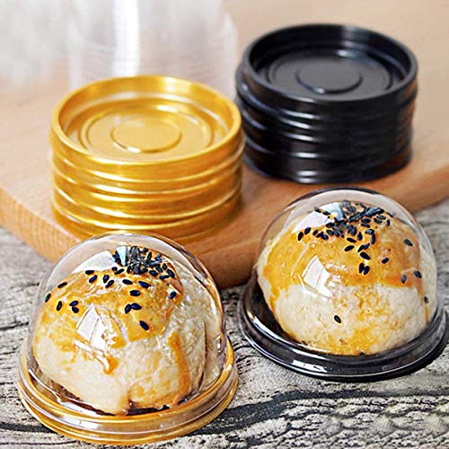 Dceyaor 50 Set Clear Plastic Mini Cake Box, Round Cupcake Holders Plastic Egg-Yolk Puff Container Mooncake Dome Boxes Baking Packing Box (Gold, 3.1 inch)