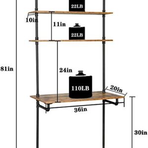 ZIOTHUM Wall Mount Desk, Ladder Desk, Shelf Desk, Industrial Desk, Wall Table, Computer Laptop Desk with Shelves, Industrial Bookcase Desk Wall Mount Floating Pipe Table with Storage (36x20x81)