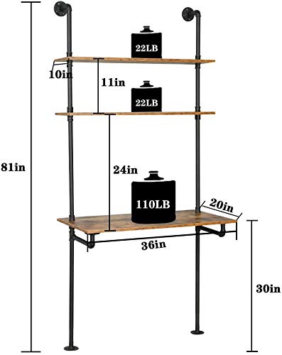 ZIOTHUM Wall Mount Desk, Ladder Desk, Shelf Desk, Industrial Desk, Wall Table, Computer Laptop Desk with Shelves, Industrial Bookcase Desk Wall Mount Floating Pipe Table with Storage (36x20x81)