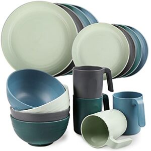 shopwithgreen plastic dinnerware sets (16pcs) - lightweight & unbreakable dinnerware set - microwave safe plates set, bowls, cups mugs, service for 4, great for kids & adult (round)