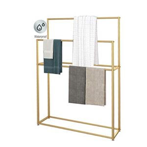 hbby tall towel rack for skinny spaces, freestanding bathroom towel holder stand 2 tier, rust-resistant bath drying rack for outdoor pool,hotel, beach, blanket gold-75x20x110cm