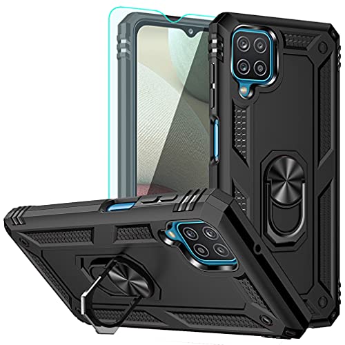 YZOK for Galaxy A12 Case, Samsung A12 Case, with HD Screen Protector,[Military Grade] Ring Car Mount Kickstand Hybrid Hard PC Soft TPU Shockproof Protective Case for Samsung Galaxy A12 (Black)