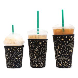 baxendale iced coffee sleeves for cold drink cups - 3 pack reusable neoprene iced coffee cup sleeve for cold drinks, compatible with starbucks dunkin and more (3 pk s/m/l, black wanderlust)