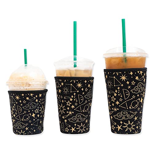 Baxendale Iced Coffee Sleeves for Cold Drink Cups - 3 Pack Reusable Neoprene Iced Coffee Cup Sleeve for Cold Drinks, Compatible with Starbucks Dunkin and more (3 PK S/M/L, Black Wanderlust)