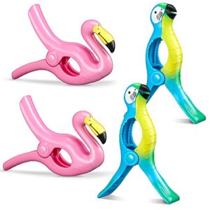 4 pieces flamingo beach towel clip for beach chairs parrot towel holder clothes pegs beach towel clip in bright color jumbo size for patio and holiday pool (blue, pink,parrot, flamingo)