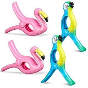 4 Pieces Flamingo Beach Towel Clip for Beach Chairs Parrot Towel Holder Clothes Pegs Beach Towel Clip in Bright Color Jumbo Size for Patio and Holiday Pool (Blue, Pink,Parrot, Flamingo)