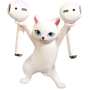 cute stuff home decor fun kitty decoration for desk shelf magnetic dance cat airpod holder headphone earbuds holder for apple airpods 1& 2 3 pro, unique birthday bday gifts ideas (white)