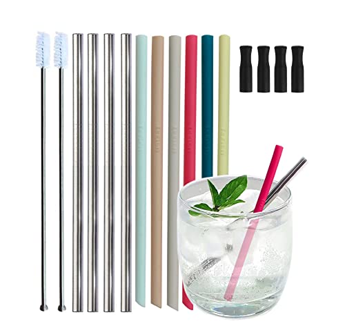 Reusable Short Small Silicone 5.5" &Metal 6" Stainless Steel Stirrer Drinking Straws Set for Coffee/Moscow Mule Mug, Cocktail lowball Glasses, Kids Toddler Baby Cup, Wine Tumbler,Bar-With Silicone Tip