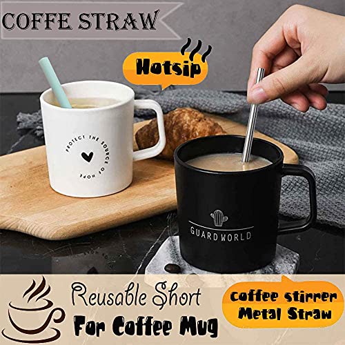 Reusable Short Small Silicone 5.5" &Metal 6" Stainless Steel Stirrer Drinking Straws Set for Coffee/Moscow Mule Mug, Cocktail lowball Glasses, Kids Toddler Baby Cup, Wine Tumbler,Bar-With Silicone Tip