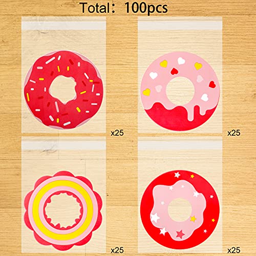 Konsait 100Count Donuts Cookie Candy Treat Bags Self-Adhesive Sweets Biscuit Dessert Bags Plastic Bags Packaging Donuts Cellophane Gift Goody Bags for Children's Day Party Favors Supplies