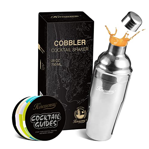 KITESSENSU Cobbler Cocktail Shaker - 24oz Martini Shaker with Strainer - Premium 18/8 Stainless Steel Drink Mixing Shaker with Recipes Booklet - Silver