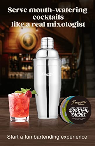 KITESSENSU Cobbler Cocktail Shaker - 24oz Martini Shaker with Strainer - Premium 18/8 Stainless Steel Drink Mixing Shaker with Recipes Booklet - Silver