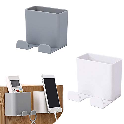 2 Pack Wall Mount Phone Holders, Phone Holder for Wall Adhesive Cell Phone Smartphone Charging Brackets Holders Shelf Remote Control Stand Organizer Storage Box for Bedroom Bathroom Office