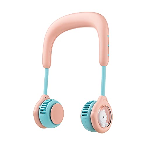 NARIc 2021 New Portable Neck Band Fan For Kids, Comportable & Light Hand Free Leafless For Sports Outdoor, Cute Character Design, Powerful Dual Wind Head with 4,800mAh Battery(Pink)