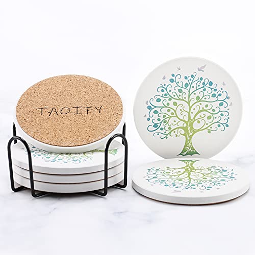 Ceramic Coaster TAOIFY Non-Slip and Absorbent Ceramic Cork Coaster with Tree of Life (one Iron Frame and six Coasters)