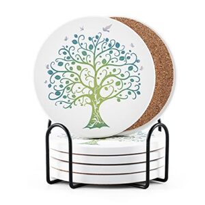 ceramic coaster taoify non-slip and absorbent ceramic cork coaster with tree of life (one iron frame and six coasters)