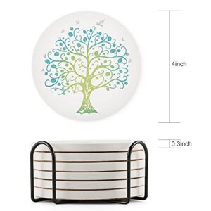 Ceramic Coaster TAOIFY Non-Slip and Absorbent Ceramic Cork Coaster with Tree of Life (one Iron Frame and six Coasters)