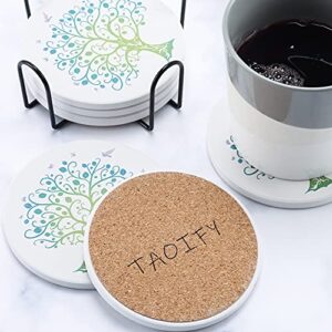 Ceramic Coaster TAOIFY Non-Slip and Absorbent Ceramic Cork Coaster with Tree of Life (one Iron Frame and six Coasters)