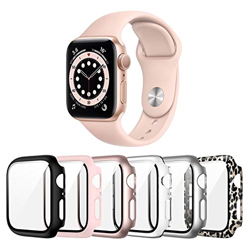 Landhoo 6 Pack case for Apple Watch Series SE/6/5/4 44mm Screen Protector with Tempered Glass, Hard PC HD Full Cover Protective iwatch.