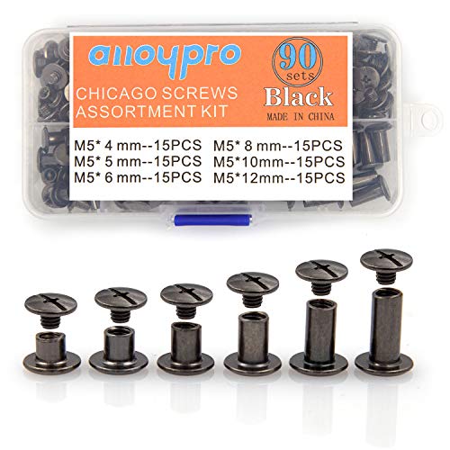 Alloypro 90 Sets Chicago Screws Assorted Kit 6 Sizes Gun Metal Leather Rivets 3/16(5mm) Screw Rivets Phillip Head Book Binding Posts Nail Rivet Chicago Bolts for DIY Leather Craft (5 x 4,5,6,8,10,12)