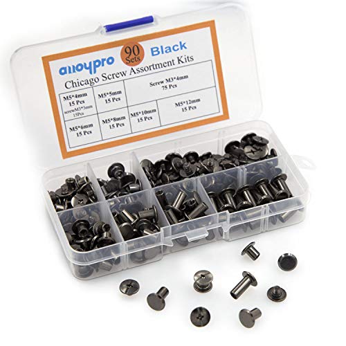 Alloypro 90 Sets Chicago Screws Assorted Kit 6 Sizes Gun Metal Leather Rivets 3/16(5mm) Screw Rivets Phillip Head Book Binding Posts Nail Rivet Chicago Bolts for DIY Leather Craft (5 x 4,5,6,8,10,12)