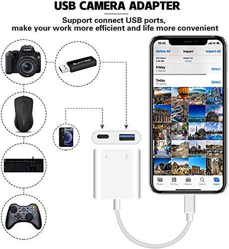 [Apple MFi Certified] Lightning to USB Camera Adapter for iPhone, USB OTG Adapter with Fast Charging Port Portable Compatible with iPhone/iPad/Card Reader/USB Flash Drive/Keyboard/Mouse Plug and Play