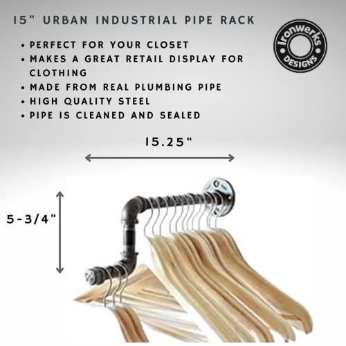 Ironwerks Designs 15" Urban Industrial Pipe Wall Rack - Clothing Rack, Closet Organization, Retail Display, Made From Real Plumbing Black Iron Pipe
