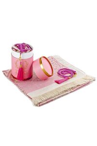muslim prayer rug and prayer beads with elegant cylinder gift box | janamaz | sajadah | soft islamic prayer rug | islamic gifts set | prayer carpet mat, taffeta fabric, pink
