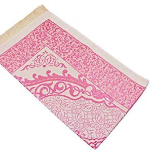 Muslim Prayer Rug and Prayer Beads with Elegant Cylinder Gift Box | Janamaz | Sajadah | Soft Islamic Prayer Rug | Islamic Gifts Set | Prayer Carpet Mat, Taffeta Fabric, Pink