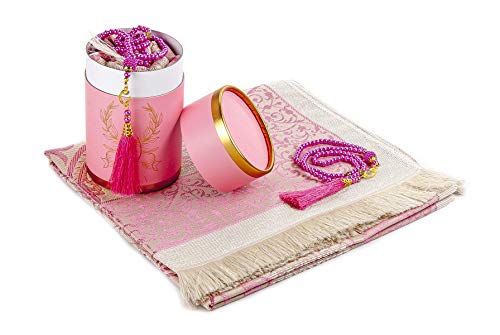 Muslim Prayer Rug and Prayer Beads with Elegant Cylinder Gift Box | Janamaz | Sajadah | Soft Islamic Prayer Rug | Islamic Gifts Set | Prayer Carpet Mat, Taffeta Fabric, Pink