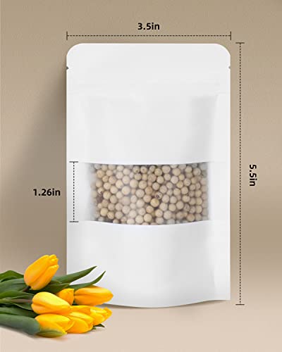 Larzack 100pcs Kraft Bags with Window 3.5x5.5 Inches White Reusable Sealable Zip Lock Food Storage Stand up Paper Pouches for Home or Business