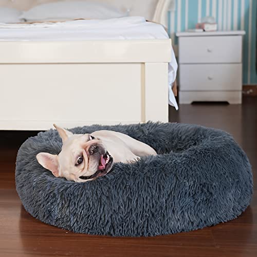 Puppy Bed for Calming Dog 23 Inches Dark Gray Anti-Anxiety Donut Dog Bed for Small Medium Dogs Washable Fuzzy Dog Bed Fits up to 15 lbs Pets Beds for Small Dog