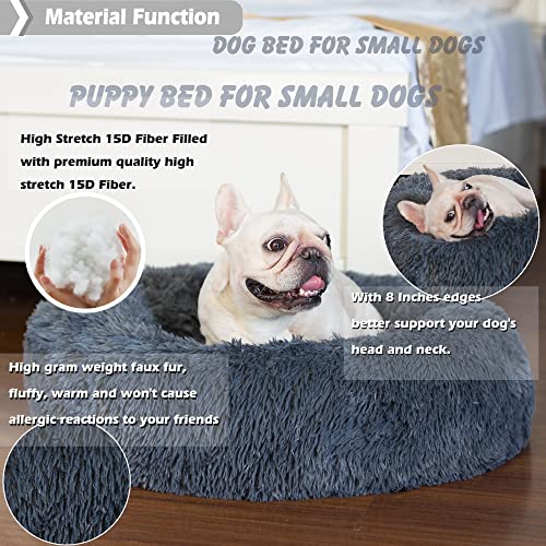 Puppy Bed for Calming Dog 23 Inches Dark Gray Anti-Anxiety Donut Dog Bed for Small Medium Dogs Washable Fuzzy Dog Bed Fits up to 15 lbs Pets Beds for Small Dog