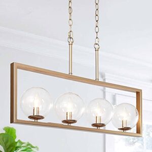 gold chandelier, 4-light modern chandelier light fixture, 30" mid century linear kitchen island lighting, seeded glass globe shades