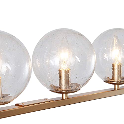 Gold Chandelier, 4-Light Modern Chandelier Light Fixture, 30" Mid Century Linear Kitchen Island Lighting, Seeded Glass Globe Shades