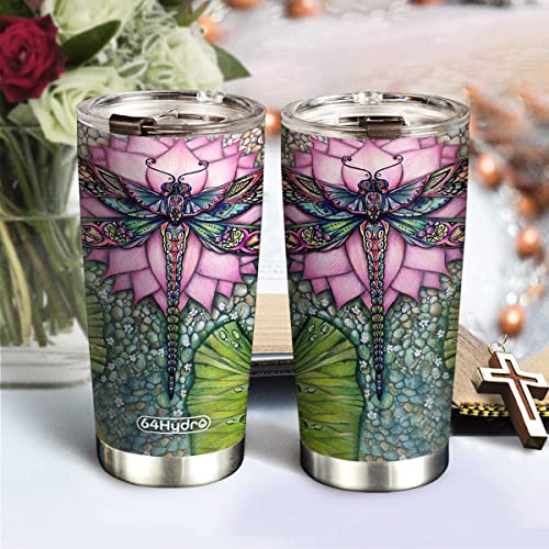 64HYDRO 20oz Dragonfly Gifts for Women, Valentines Day Gifts for Her, Birthday Gifts for Women, Mom, Wife, Daughter, Friends Lotus Flower Dragonfly Tumbler Cup, Travel Coffee Mug with Lid