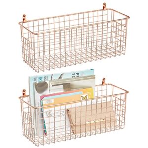 mdesign portable metal farmhouse wall storage organizer basket bin - handles for hanging in entryway, mudroom, bedroom, bathroom, laundry room - wall mount hooks included, medium - 2 pack - rose gold