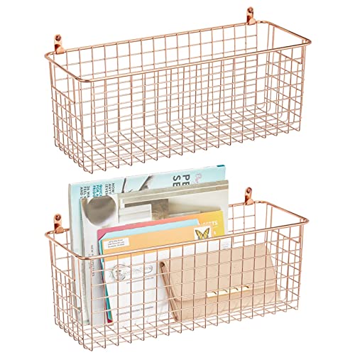 mDesign Portable Metal Farmhouse Wall Storage Organizer Basket Bin - Handles for Hanging in Entryway, Mudroom, Bedroom, Bathroom, Laundry Room - Wall Mount Hooks Included, Medium - 2 Pack - Rose Gold