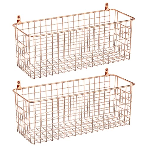 mDesign Portable Metal Farmhouse Wall Storage Organizer Basket Bin - Handles for Hanging in Entryway, Mudroom, Bedroom, Bathroom, Laundry Room - Wall Mount Hooks Included, Medium - 2 Pack - Rose Gold