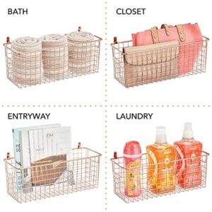 mDesign Portable Metal Farmhouse Wall Storage Organizer Basket Bin - Handles for Hanging in Entryway, Mudroom, Bedroom, Bathroom, Laundry Room - Wall Mount Hooks Included, Medium - 2 Pack - Rose Gold