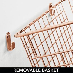 mDesign Portable Metal Farmhouse Wall Storage Organizer Basket Bin - Handles for Hanging in Entryway, Mudroom, Bedroom, Bathroom, Laundry Room - Wall Mount Hooks Included, Medium - 2 Pack - Rose Gold