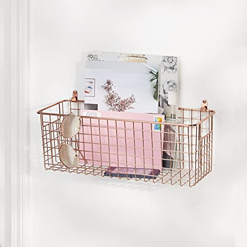 mDesign Portable Metal Farmhouse Wall Storage Organizer Basket Bin - Handles for Hanging in Entryway, Mudroom, Bedroom, Bathroom, Laundry Room - Wall Mount Hooks Included, Medium - 2 Pack - Rose Gold