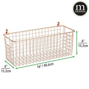 mDesign Portable Metal Farmhouse Wall Storage Organizer Basket Bin - Handles for Hanging in Entryway, Mudroom, Bedroom, Bathroom, Laundry Room - Wall Mount Hooks Included, Medium - 2 Pack - Rose Gold