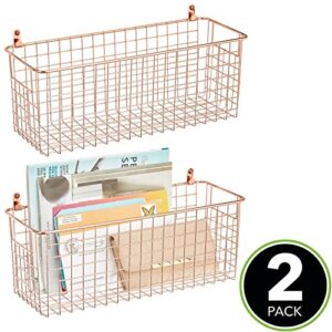 mDesign Portable Metal Farmhouse Wall Storage Organizer Basket Bin - Handles for Hanging in Entryway, Mudroom, Bedroom, Bathroom, Laundry Room - Wall Mount Hooks Included, Medium - 2 Pack - Rose Gold