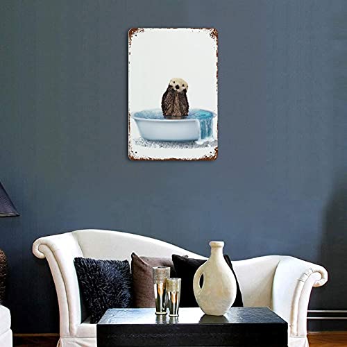 Vintage Tin Sign Sea Otter Bathroom Print Coastal Bathtub Wall Art Funny Nautical Nursery Tub Metal Tin Sign Cute Woodland Animal Home Decor Kids Room Tin Sign Poster Home Bar Plate Wall Decor 12"×8"